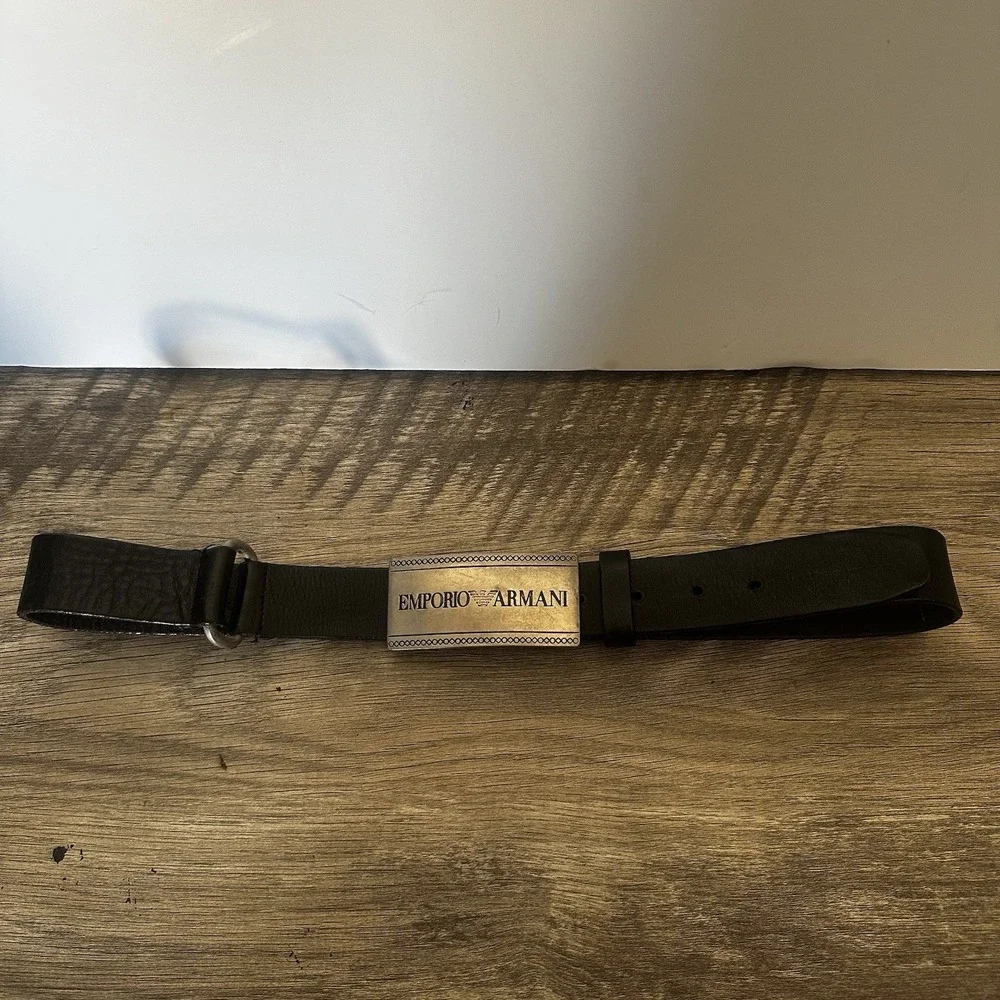 Giorgio Armani Men's Leather Belt With Silver Tone Buckle Engraved Logo 39 Inch